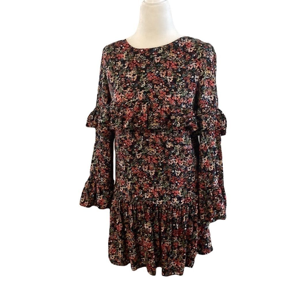 Zara Trafaluc Collection Black Floral Boho Tiered Ruffle Fall Tunic Mini Dress - Picture 4 of 16